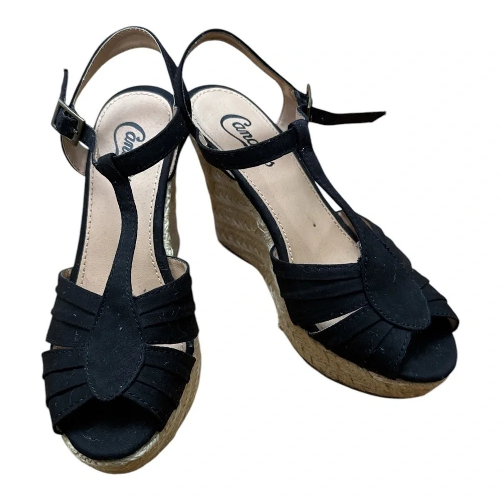 Candie's Black Wedge Sandals with Ankle Strap